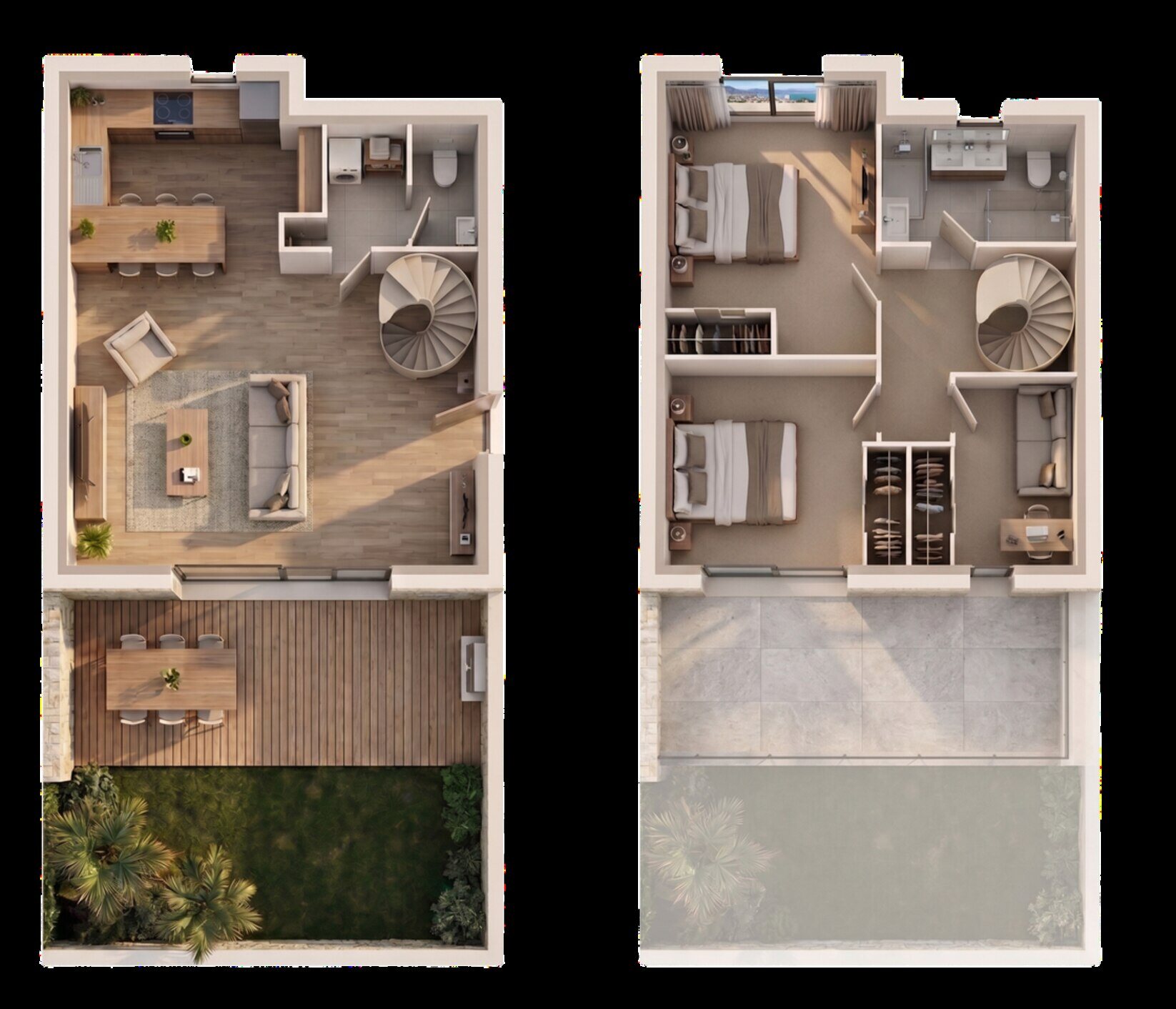 Vue en coupe 3D d'un appartement T3 duplex